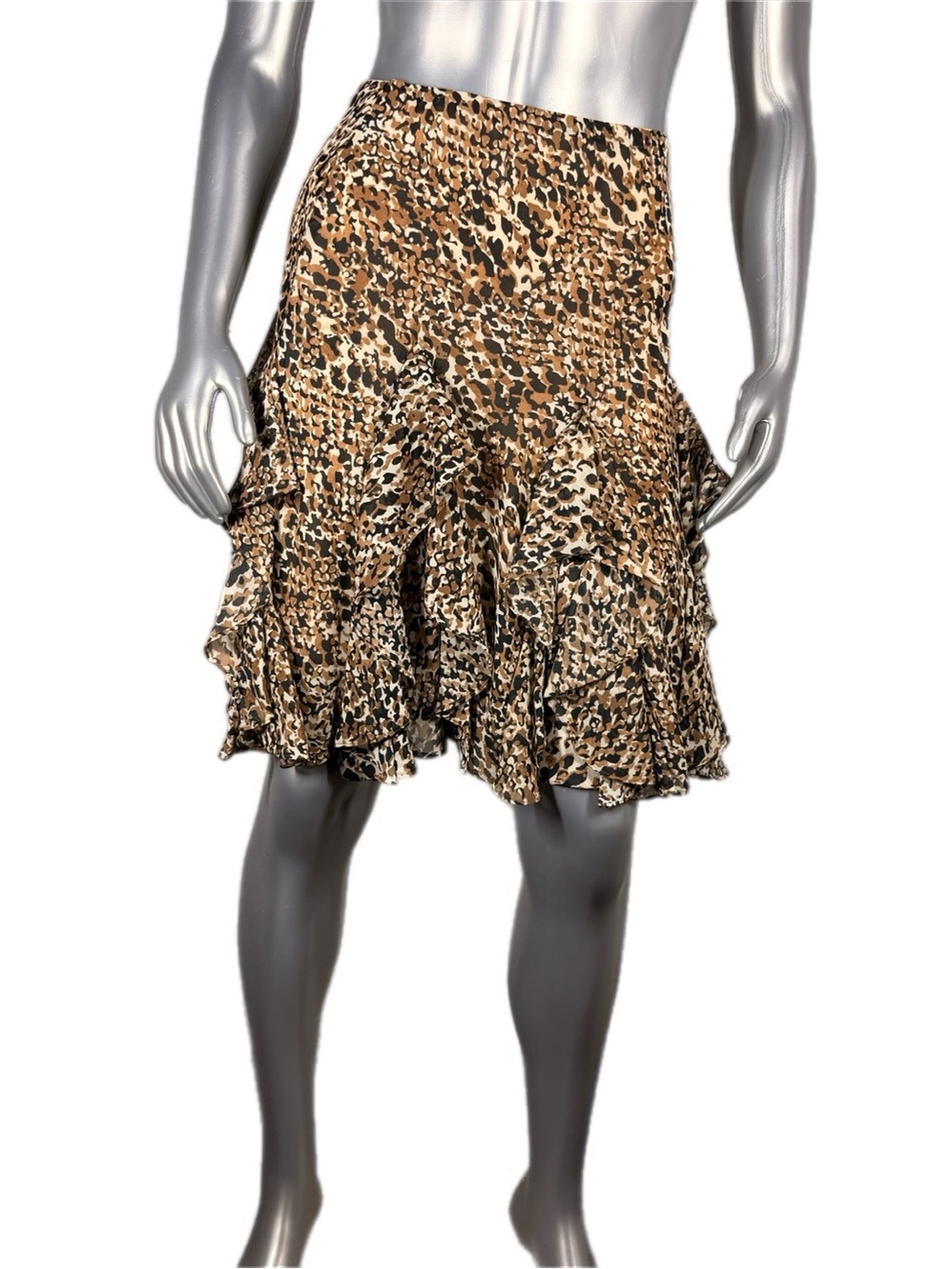 Lauren Ralph Lauren | Black Brown Georgette Skirt Leopard Ruffle Midi - Picture 2 of 14